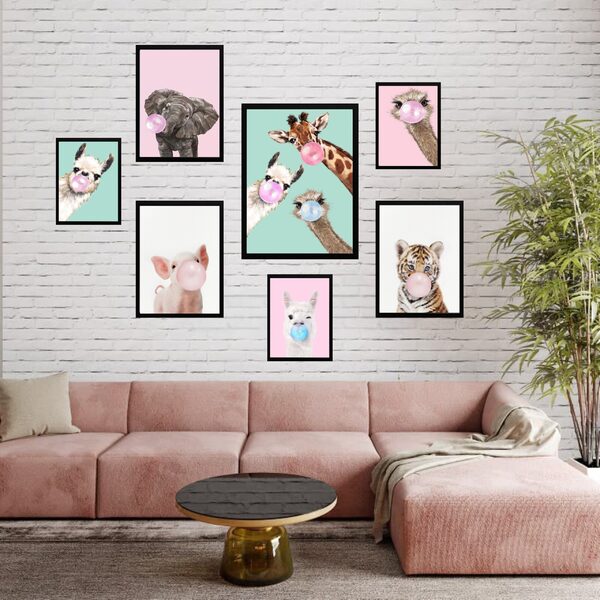 Kit 7 Quadors Animais Bubble Gum Moldura Branca