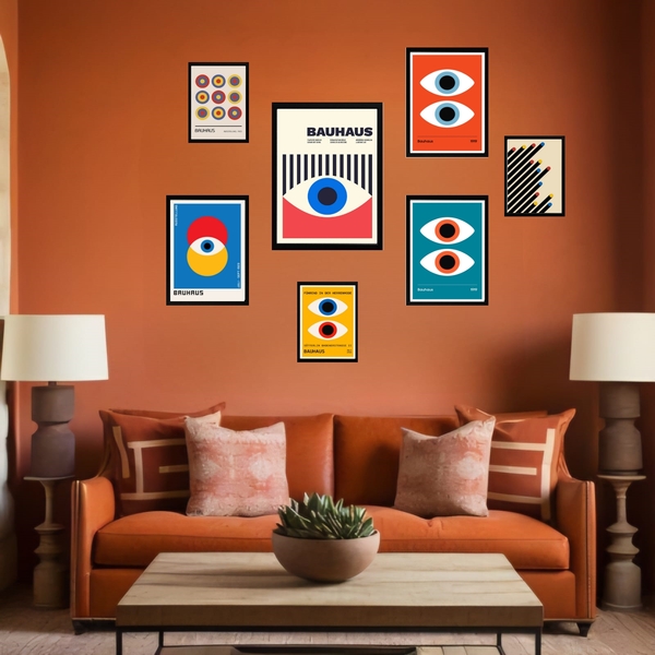Kit 7 Quadros Bauhaus - Famous Geometric Abstract - Com Vidro