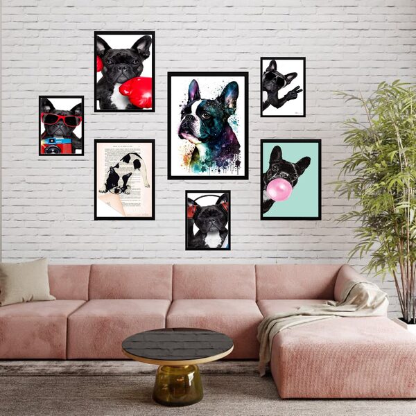 Kit 7 Quadros Decorativos Bulldogs Moldura Branca