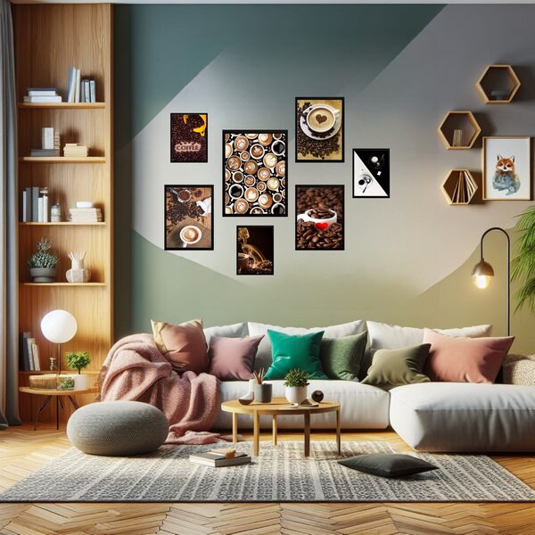 Kit 7 Quadros Decorativos Café Moldura:madeira Preta