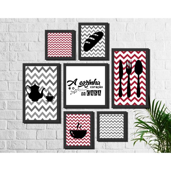 Kit 7 Quadros Decorativos Cozinha Vermelho E Cinza