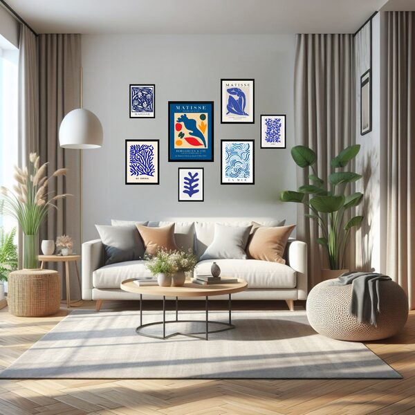 Kit 7 Quadros Decorativos Matisse Abstrato Azuis - Com Vidro