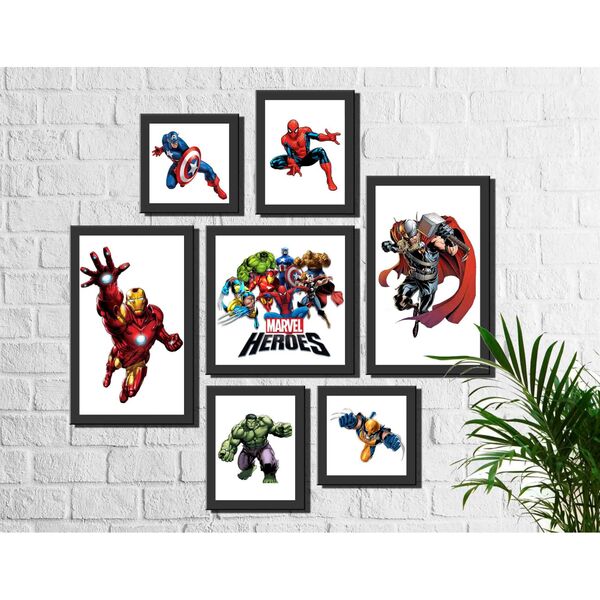 Kit 7 Quadros Decorativos Super Heróis Marvel