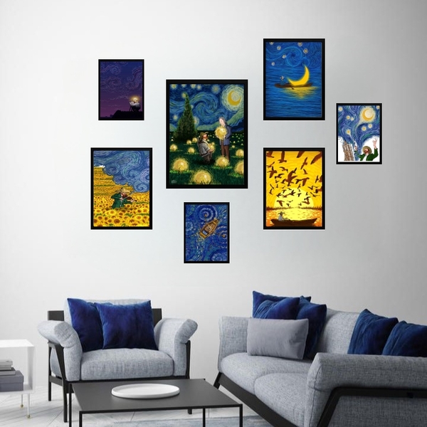 Kit 7 Quadros Decorativos Van Gogh - Com Vidro Moldura:madeir