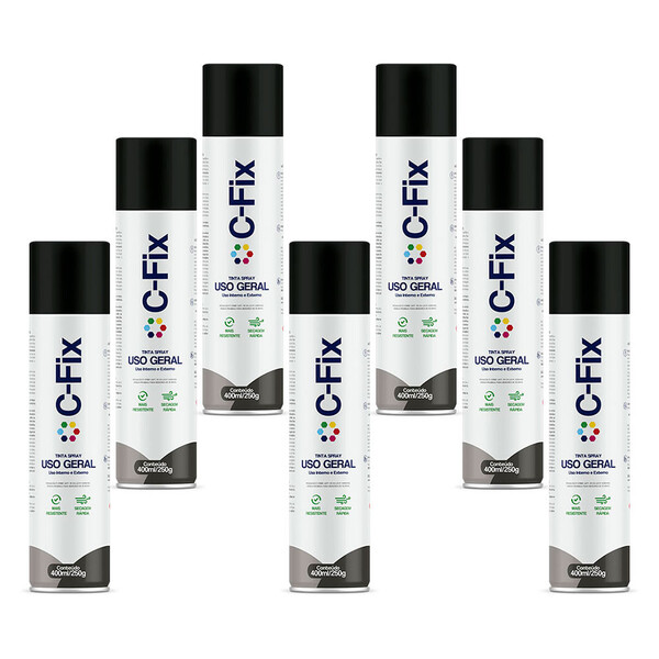 Kit 7 Tintas Spray Preto Brilhante Uso Geral 400ml C-fix