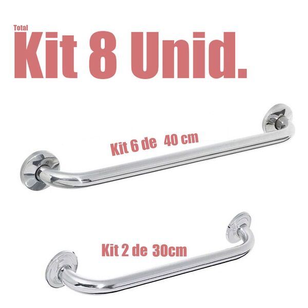 Kit 8 Alças De Apoio Banheiro Inox Barras 2 Unid 30cm E 6 Uni