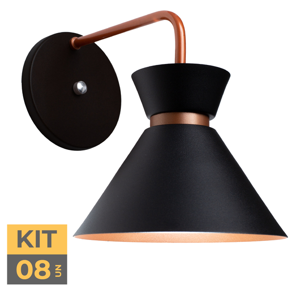 Kit 8 Arandela Parede Berlin 15cm Preto C/ Cobre