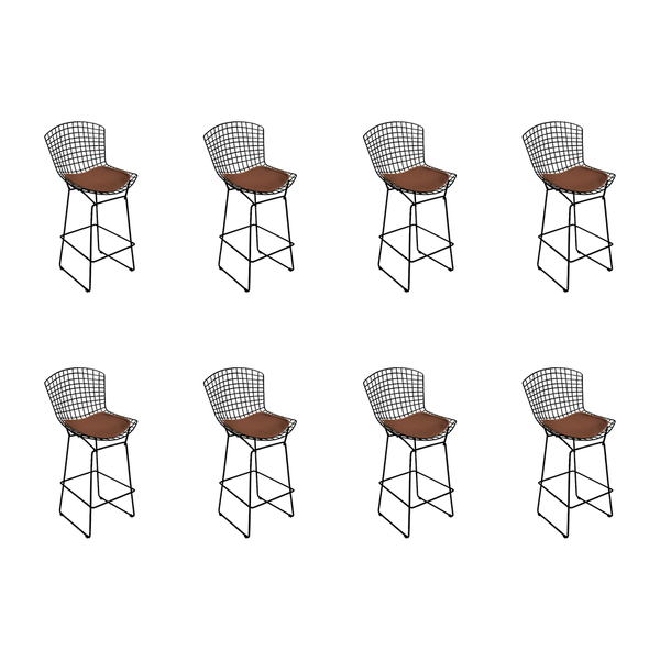 Kit 8 Banquetas Bertoia Preta D60 Com Assento Marrom