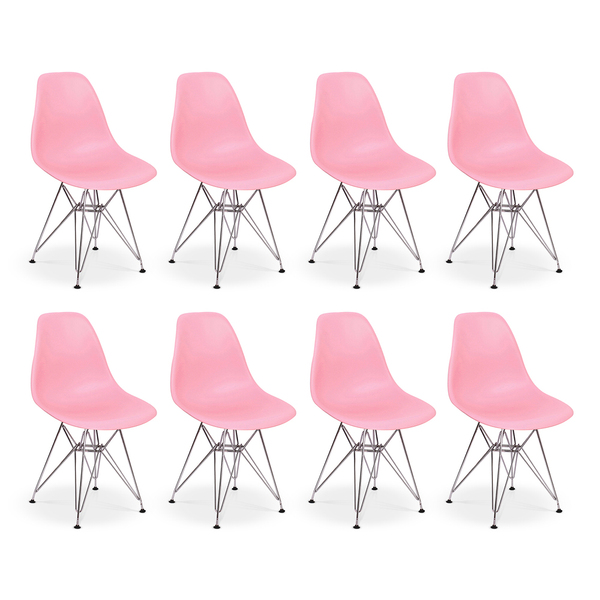 Kit 8 Cadeiras Charles Eames Eiffel Base Metal Rosa