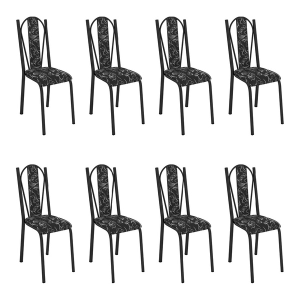 Kit 8 Cadeiras De Cozinha Geórgia Estampado Preto Florido Pés