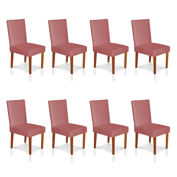 Kit 8 Cadeiras De Jantar Cannes Suede Rosê Pés Castanho - Pal
