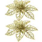 Kit 8 Flores Douradas Gliter Decoração Árvore De Natal 14cm