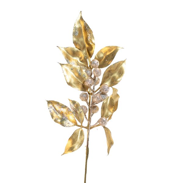 Kit 8 Galhos Enfeite Folhagem Natal Dourado Glitter 30cm