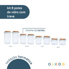 Kit 8 Potes De Vidro Tampa De Bambu Com Trava 450ml, 700ml, 1