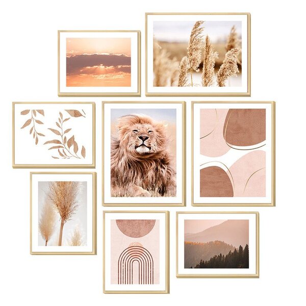 Kit 8 Quadros Decorativos Minimalista Rose Trigo Leão Boho Fo