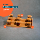 Kit 9 Potes Hermético 110ml Com Tampa De Bambu E Rack Organiz