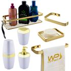 Kit Acessório Banheiro Bancada 7 Peças Dourado - Branco
