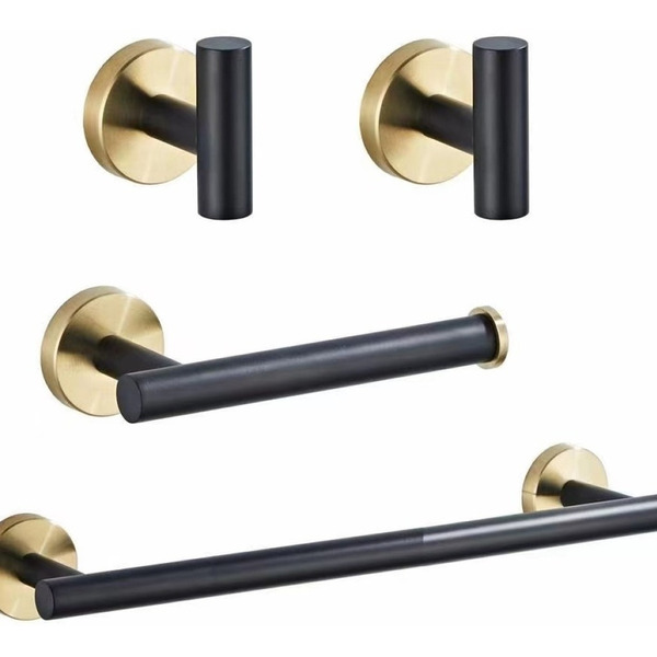 Kit Acessórios Banheiro Aço Inox 4 Peças Preto C/ Dourado