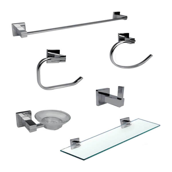 Kit Acessórios Banheiro Em Aço Inox E Vidro 6 Peças Cromado