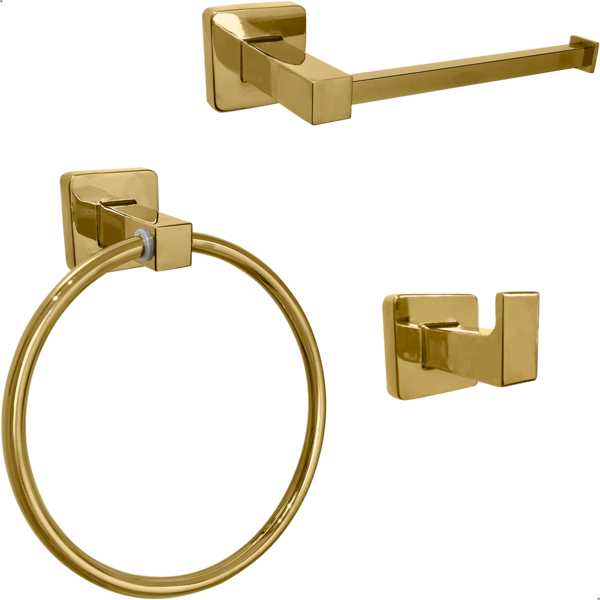Kit Acessórios Banheiro Lavabo 3 Peças Metal Dourado Brilhoso
