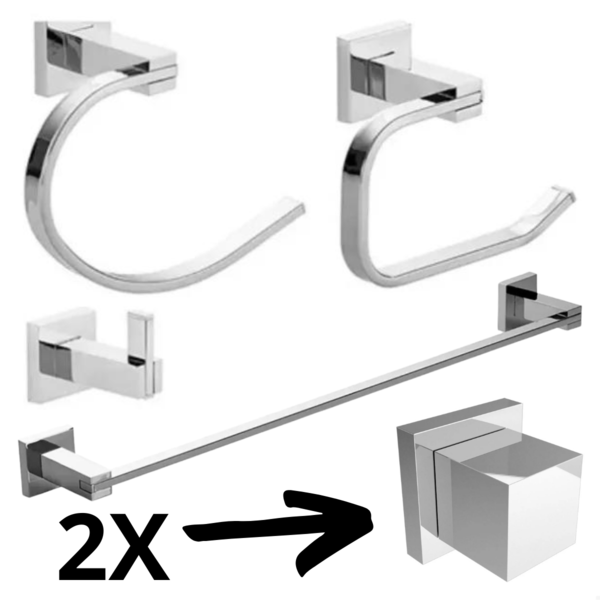Kit Acessórios Banheiro Quadrado 6 Peças Metal Cromado
