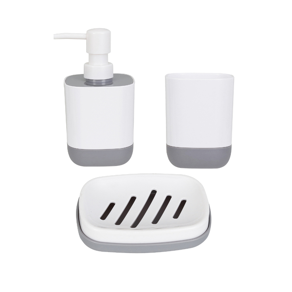 Kit Acessórios para Banheiro 3 Peças com Porta Sabonete Porta Objetos e Saboneteira Plástico Branco e Cinza Easy Sensea
