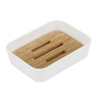 Kit Acessórios de Bancada para Banheiro 7 Peças Plástico e Madeira Branco Scandi Sensea