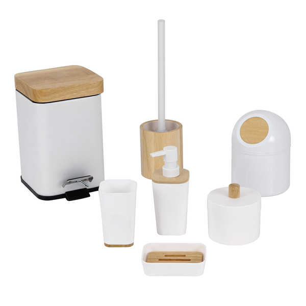 Kit Acessórios de Bancada para Banheiro 7 Peças Plástico e Madeira Branco Scandi Sensea