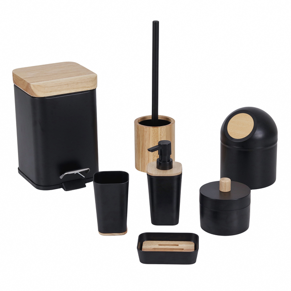 Kit Acessórios de Bancada para Banheiro 7 Peças Plástico e Madeira Preto Scandi Sensea