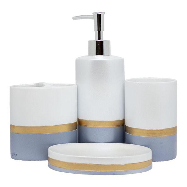 Kit Acessórios De Banheiro Lavabo 4 Peças Resina Branco Cinz