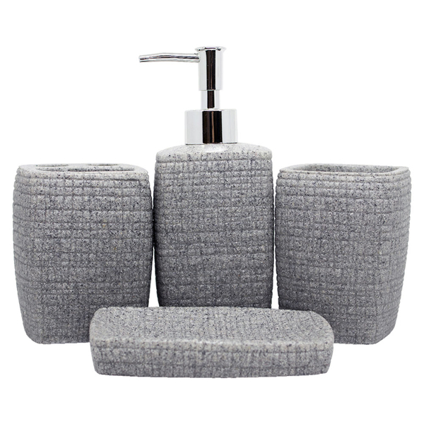 Kit Acessórios De Banheiro Lavabo 4 Peças Resina Pedra Cinza