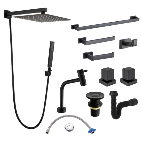 Kit Acessórios Lavatório Banheiro Completo Preto Luxo Metal