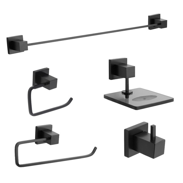 Kit Acessórios P/ Banheiro Metal 5 Peças Luxo Quadrado Preto