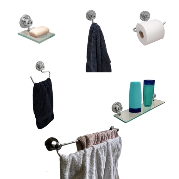 Kit Acessórios Para Banheiro Cromado 6 Peças Inox E Vidro Lux