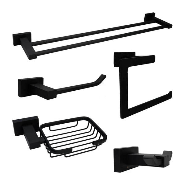 Kit Acessórios Quadrado Luxo Banheiro Inox 5 Peças Preto