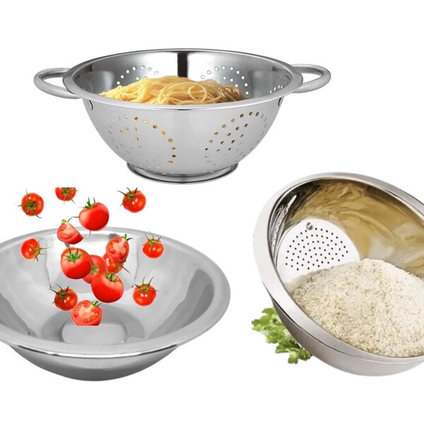 Kit Aço Inox 3 Peças Escorredor De Macarrão, Arroz E Saladeir