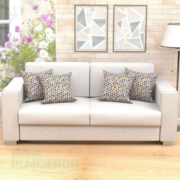 Kit Almofada Amarela Estampada Geométrica 45cm X 45cm Com Ref