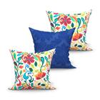 Kit Almofada Grande Azul E Floral Colorida 60cm X 60cm Kit 3