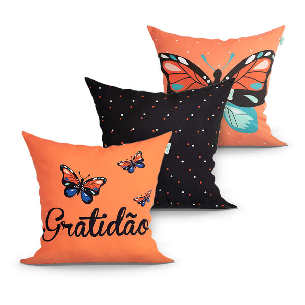 Kit Almofada Laranja Estampada 3 Unidades 45cm X 45cm Com Ref