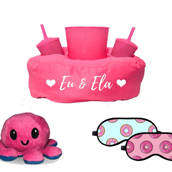 Kit Almofada Pipoca Rosa Eu E Ela + Polvo + 2 Máscaras Rosa