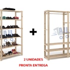 Kit Aparador + Estantes Arara  Prateleiras Em Madeira Para La