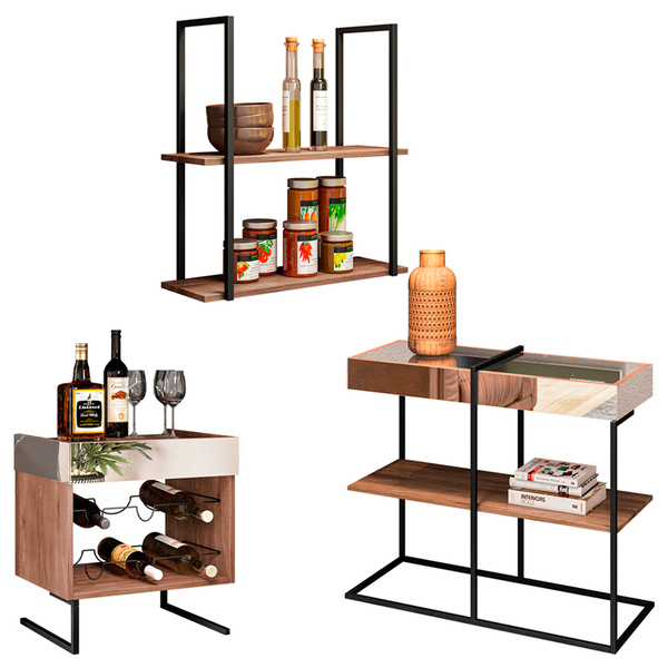 Kit Aparador Adega E Prateleira Multiuso 60 Cm Industrial Ari