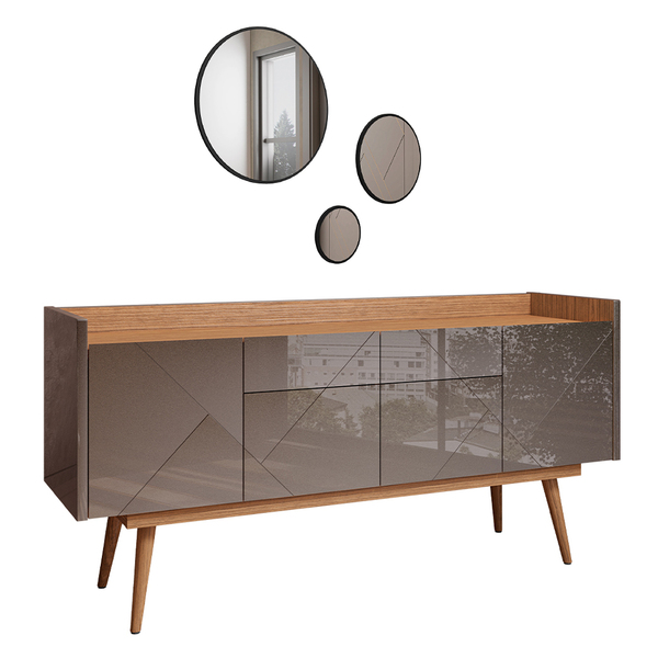 Kit Aparador Buffet Para Sala Veneza Com Espelho Caribe Preto