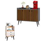 Kit Aparador Buffet Wood New Cinza Ripado 3 Portas E Mesa De