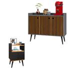 Kit Aparador Buffet Wood New Cinza Ripado 3 Portas E Mesa De