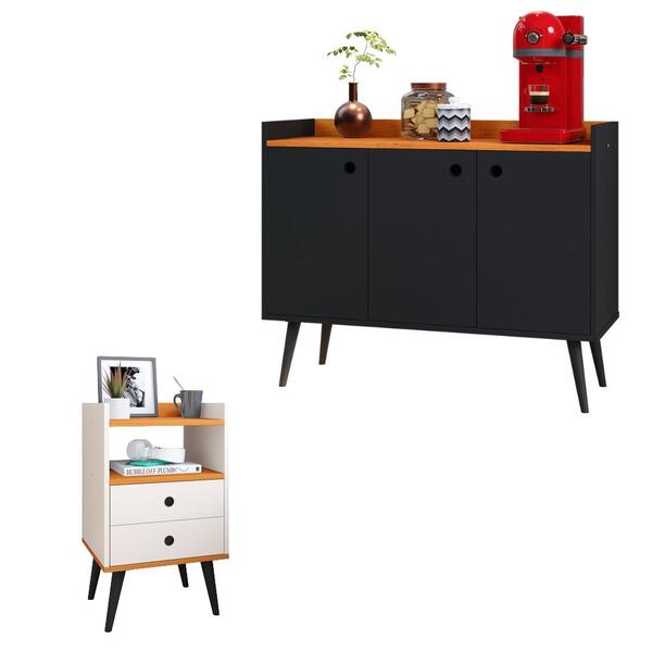 Kit Aparador Buffet Wood New Preto 3 Portas E Mesa De Cabecei