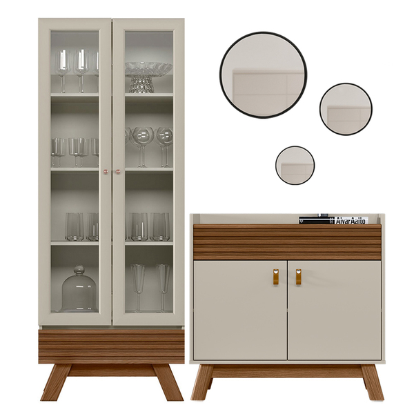 Kit Aparador Lauren Cristaleira Geórgia E Espelho Caribe Pret