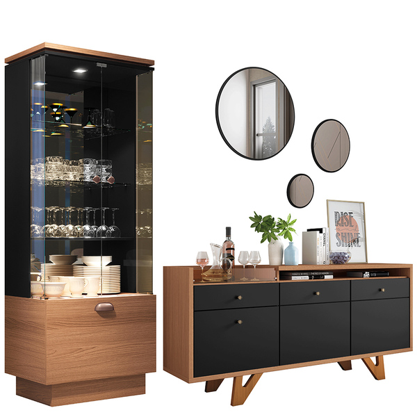 Kit Aparador Valentim B01 Com 03 Espelhos Caribe E Cristaleir