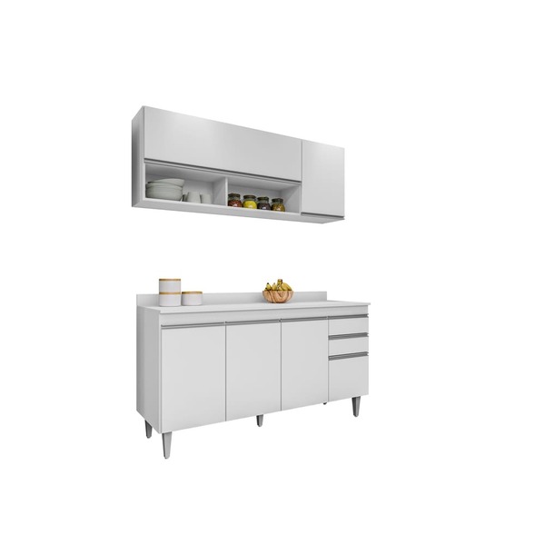 Kit Armário Aéreo E Balcão 150cm C/ Tampo Branco - Vallisa De