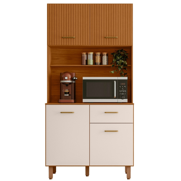 Kit Armário Cozinha New Izis 4 Portas Freijó Ripado Off White